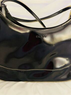 DKNYC Black Patent Shoulder Bag with Slim Straps